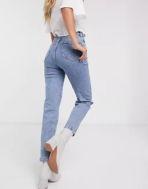 Stradivarius slim mom jean with stretch in washed blue | ASOS (Global)