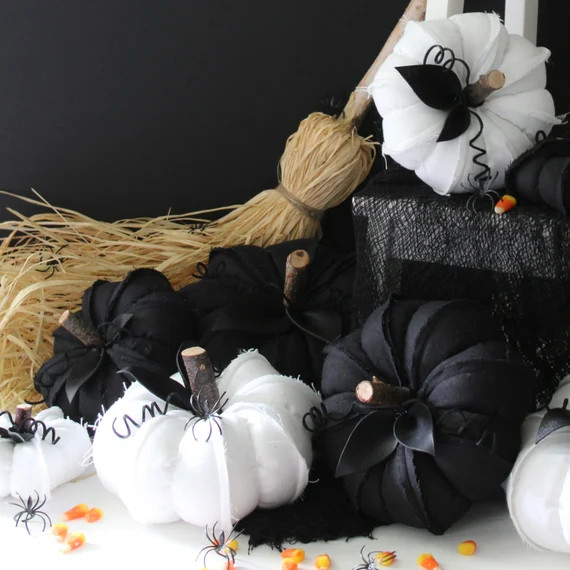 Halloween Fabric Pumpkins, Black Linen Pumpkins + Leather Leaves, Fall Decorations, Farmhouse Dec... | Etsy (US)