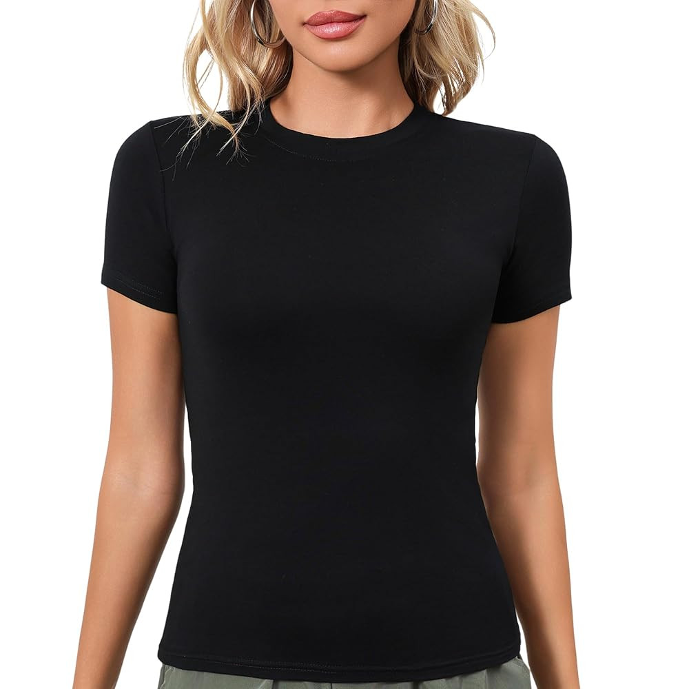 Womens' Stretchy High Neck Short Sleeve Gym Workout Slim Fitted Casual Full Length Top T-Shirt | Amazon (US)