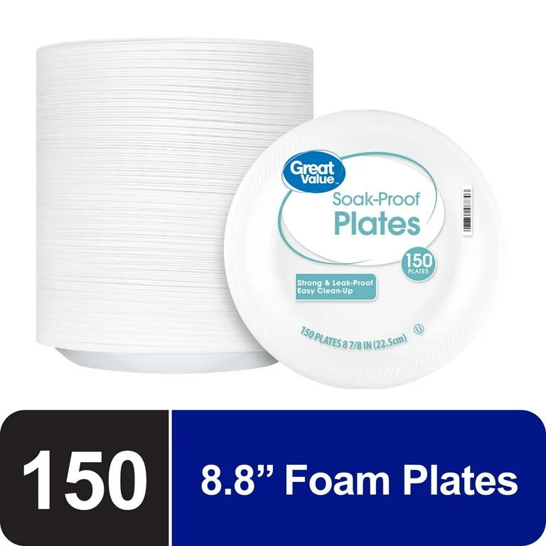 Great Value Soak Proof Foam Foam Plates, White, 8.8 in, 150 Count | Walmart (US)