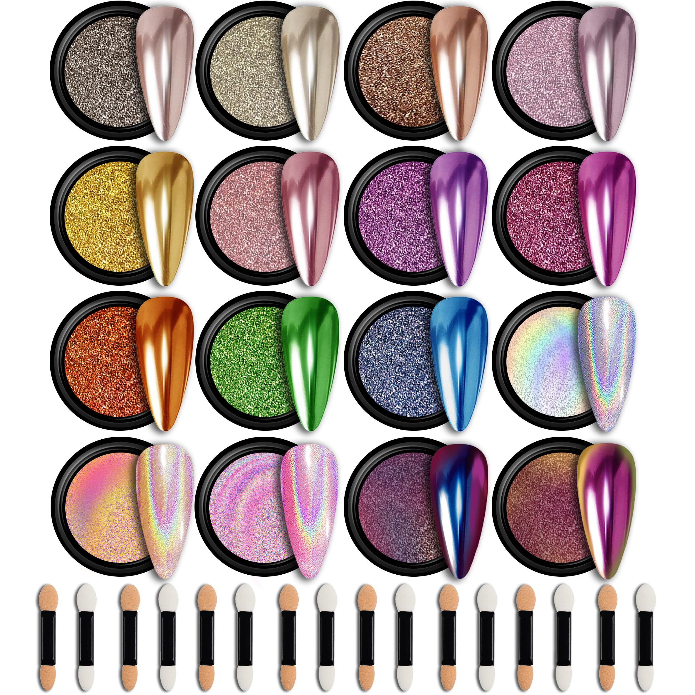 Amazon.com: GELPARTY 16 Colors Chrome Nail Powder Set, Premium Mirror & Holographic Effect Pigment Metallic Gold, Silver, Chameleon, Aurora Nail Art Glitter Includes 16 Sponge Applicators for Gel Polish Design : Beauty & Personal Care | Amazon (US)