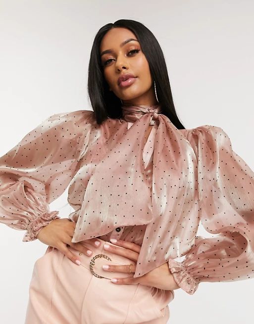 Saint Genies tie neck balloon sleeve organza shirt in blush polka print | ASOS (Global)