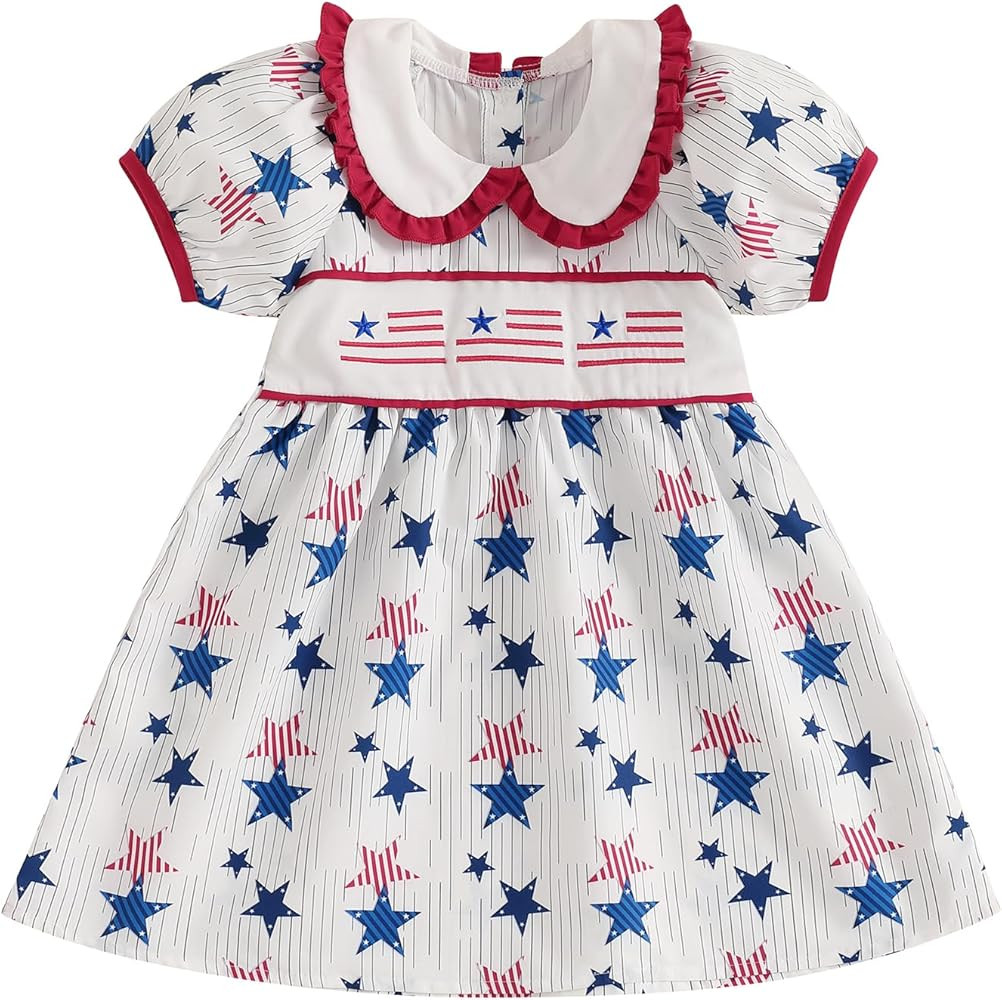 Thorn Tree Girls 4Th of July Dress Peter Pan Collar Puff Short Sleeve A-Line Outfits Flag Star Pr... | Amazon (US)