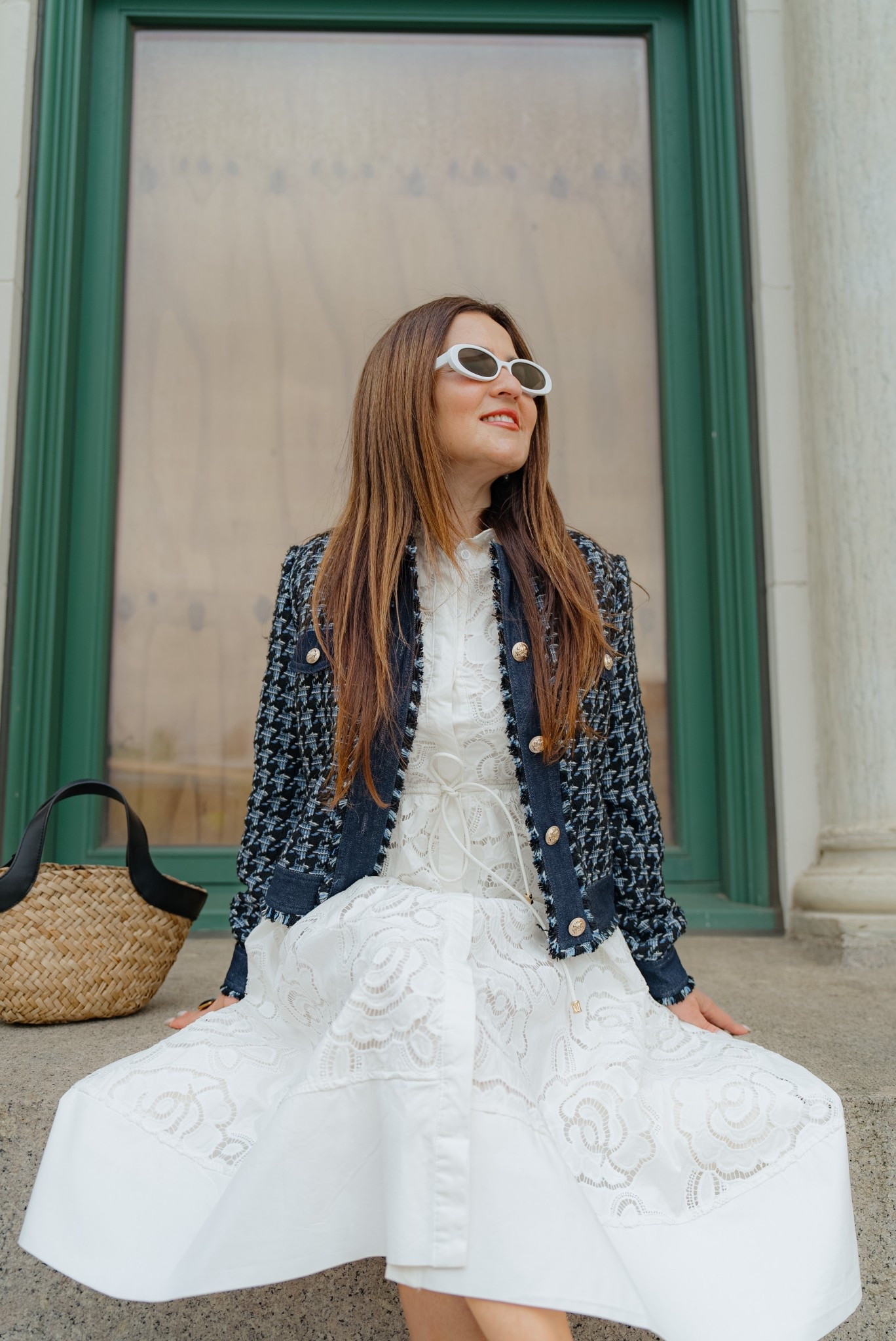 Elegant summer outfit 🩵✨

Summer dress, tweed jacket, straw bag, vacation outfit, euro summer outfit, date night outfit 

#LTKSaleAlert #LTKStyleTip #LTKPetite