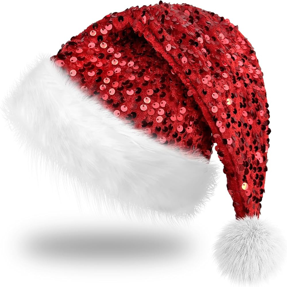 BleSky Sequin Santa Hat for Adults with Shiny Sequin and Fluffy Pompom, Party Hat for New Year Xm... | Amazon (US)