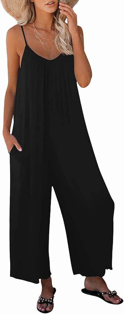 SNUGWIND Womens Casual Sleeveless Strap Loose Adjustable Jumpsuits Stretchy Long Pants Romper with P | Amazon (US)