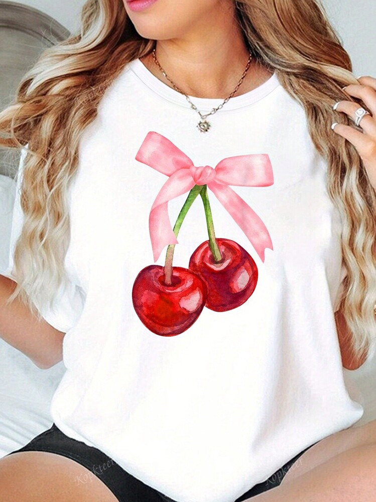 Women's Solid Color Round Neck Short Sleeve Casual Cherry Print Loose T-Shirt | SHEIN