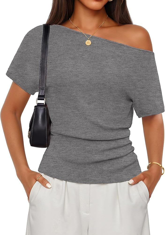 ZESICA Women's Off The Shoulder Short Sleeve Sweater Tops 2026 Summer Casual Ruched Knit Going Ou... | Amazon (US)