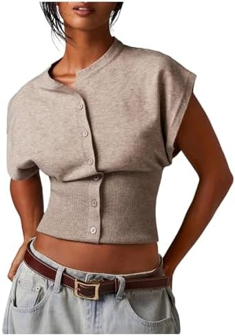 SHENHE Women's Cap Sleeve Sweater Vest Button Up Dressy Sleeveless Knit Crop Top Sweater | Amazon (US)