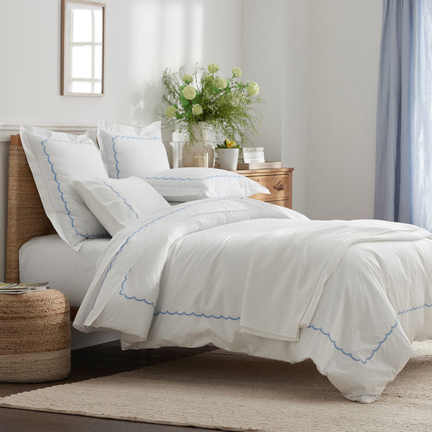 Embroidered Scallop Classic Cool Cotton Percale Bed Sheet Set - Blue, Full | The Company Store