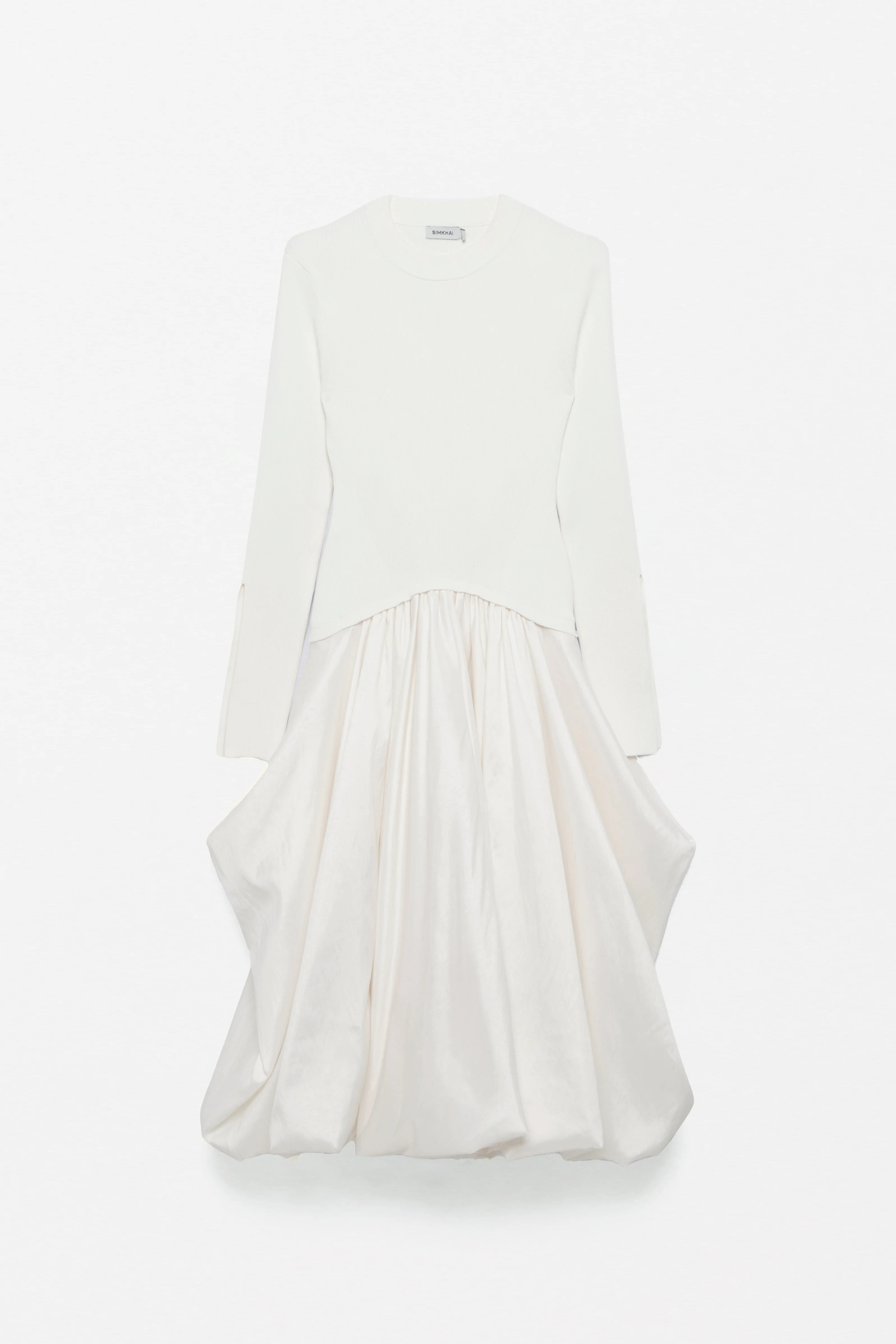 SIMKHAI Women's Kenlie Taffeta Knit Midi Long Sleeve Dress in Ivory, Size Large | Simkhai