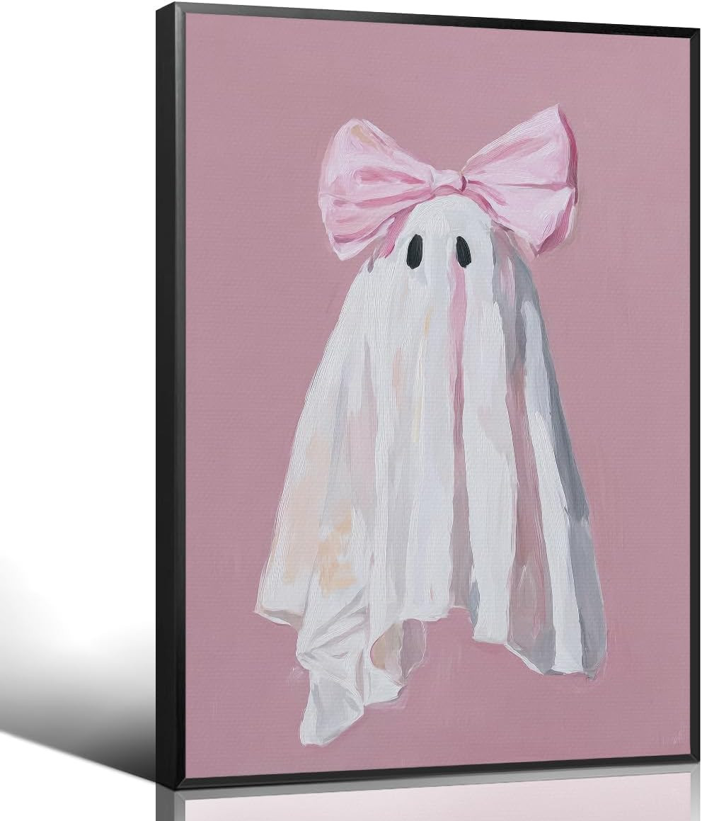 Pink Bow Ghost Canvas Wall Art, Preppy Pastel Halloween Poster, Whimsical Playful Ghostly Girly Bedroom Picture, Cute Spooky Wall Decor for Autumn Halloween Holiday 16x24in Framed | Amazon (US)