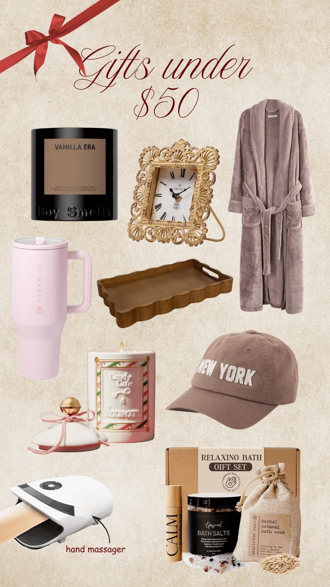 Gift ideas under $50 • holiday gift guide • pink hydrojug • gifts for anyone on your list • boy smells candle • New York hat • vintage clock • bath time 

#LTKGiftGuide #LTKHoliday #LTKCyberWeek