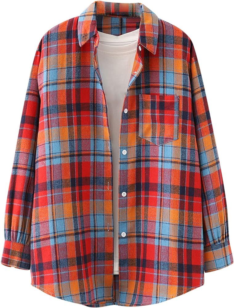DESKABLY Womens Color Block Plaid Shirts Fall Casual Button Down Flannel Cardigan Long Sleeve Blouse | Amazon (US)