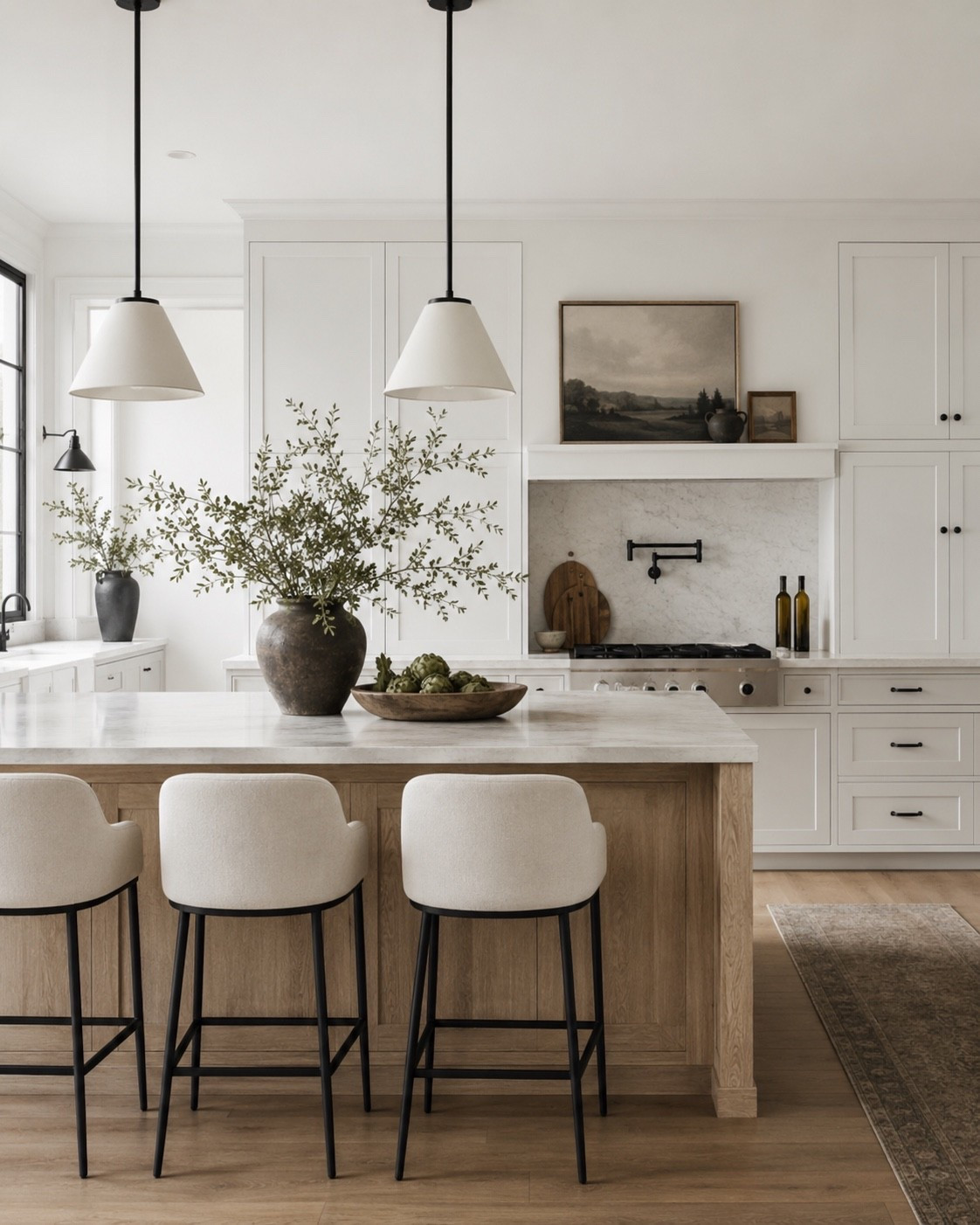 Modern kitchen decor and lighting. Pendant lights, counter stools, organic, minimalist, transitional, Restoration hardware style, vase, runner rug, cabinet hardware, moody, earthy, landscape art, bowl, white, black, beige

#LTKstyletip #LTKsale #LTKhome