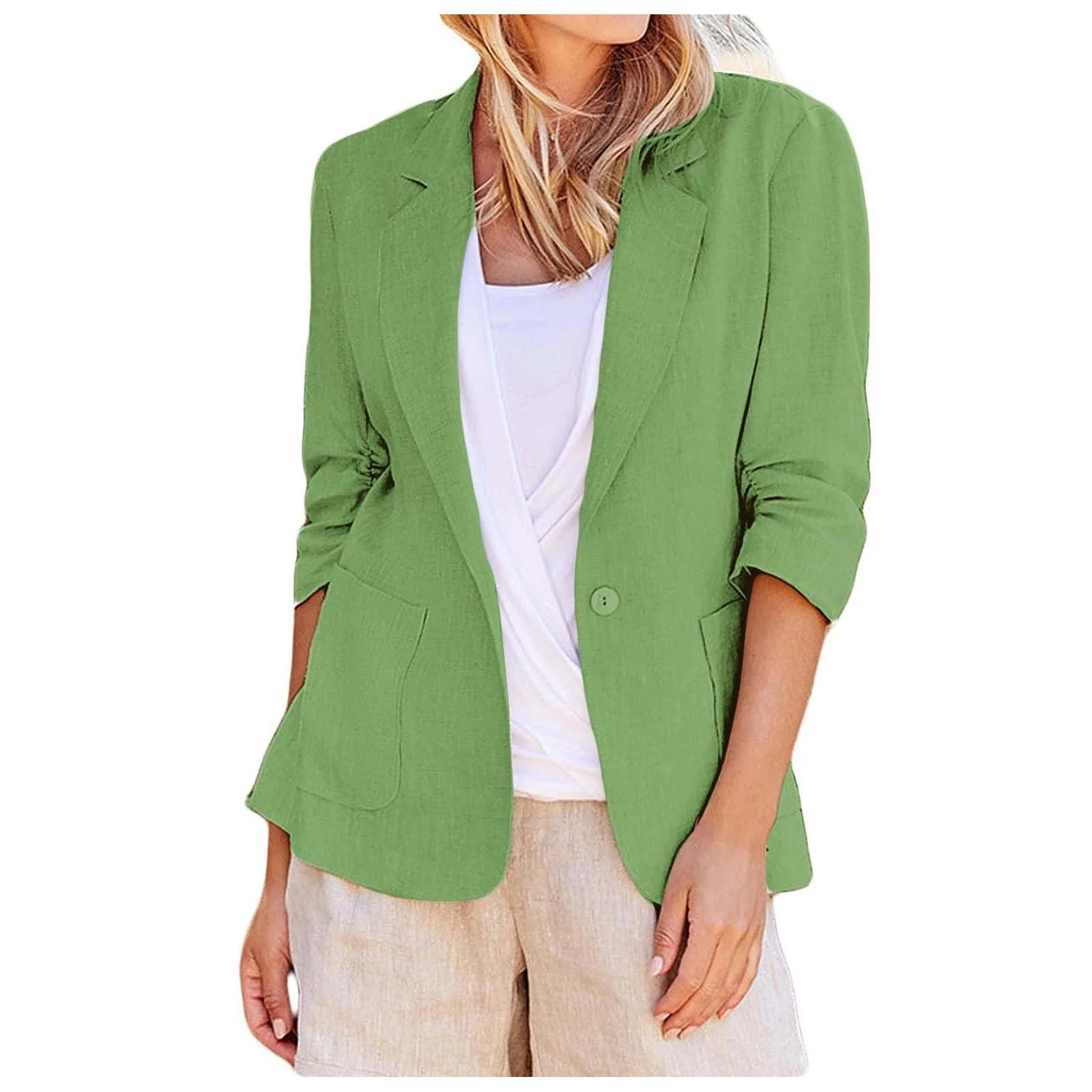 vigerkar 2025 Summer Linen Blazer Women Lightweight 3/4 Stretchy Ruched Sleeve Fully-Lined Casual... | Walmart (US)