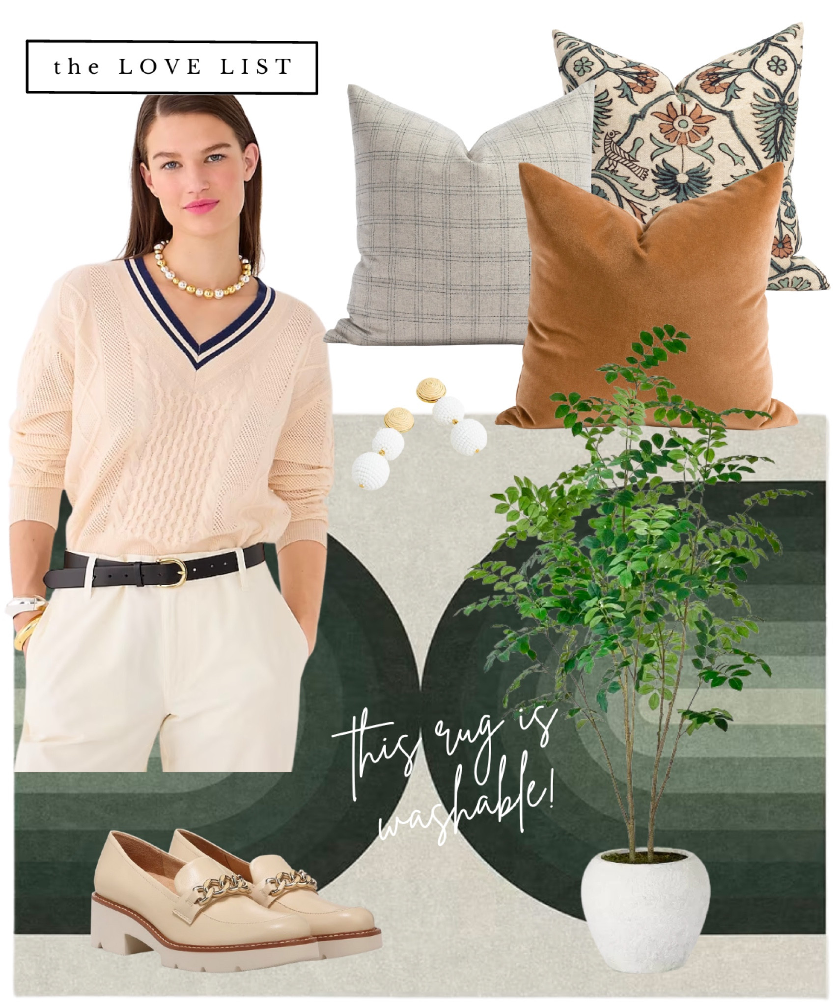 Moody greens, soft greys, and ochre set the mood. JCrew sweaters, textured throw pillows, faux tree and a washable rug 

#LTKhome #LTKSeasonal