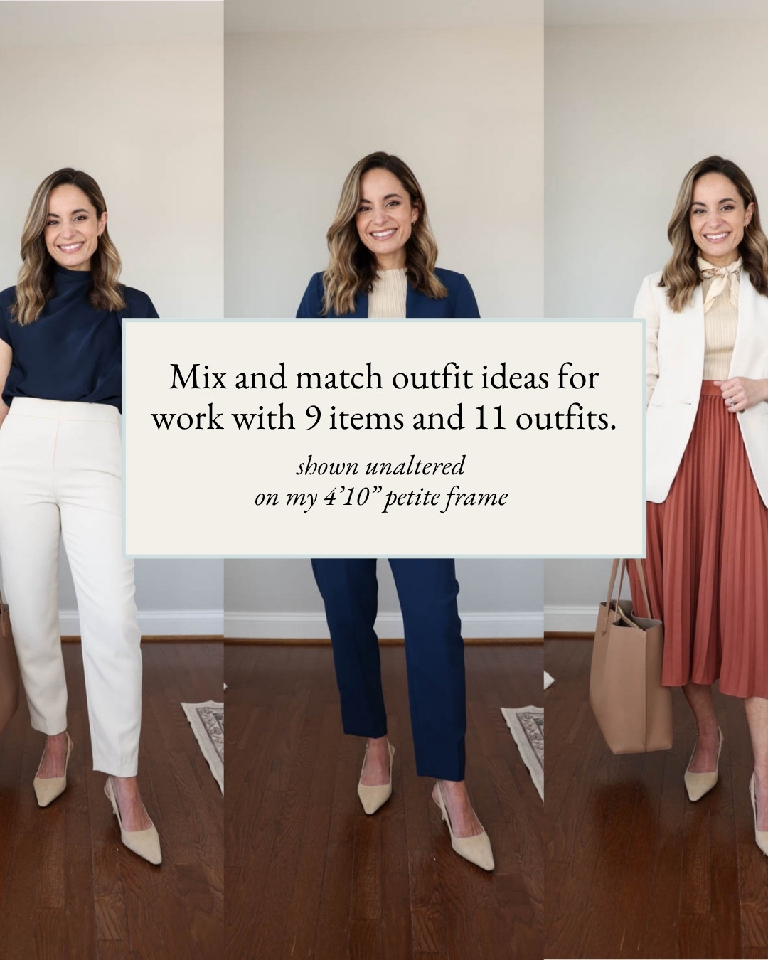 Mix and match outfits for work with 9 items and 11 outfits! 

Pants (Ann Taylor): Petite 00 - Ivory and Sapphire | true to size, ivory is fully lined

Blazers (Ann Taylor): Petite 00 - Ivory and Sapphire | true to size, except the sleeves are too long

Skirt (Amazon): Small in "brown"

Navy Top (Aritzia): XXS | runs large

Tank Top (Quince): XS 

Flats & Heels (Sam Edelman): True to size, heels are no longer available in exact color

My sizing for reference: I'm 4'10" and weigh 105lbs. My measurements are 32", 24", 36". I have a 25" ankle inseam and typically wear petite xxs/00/24. 

 #LTKPetite