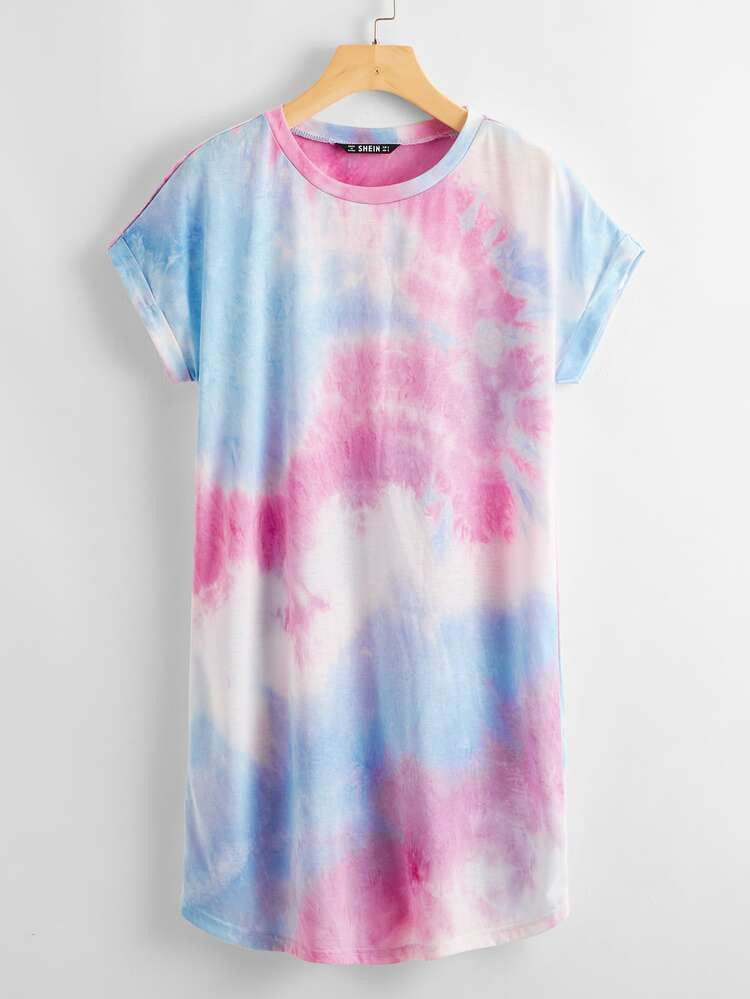 SHEIN Tie Dye Cuffed Sleeve Tee Dress | SHEIN