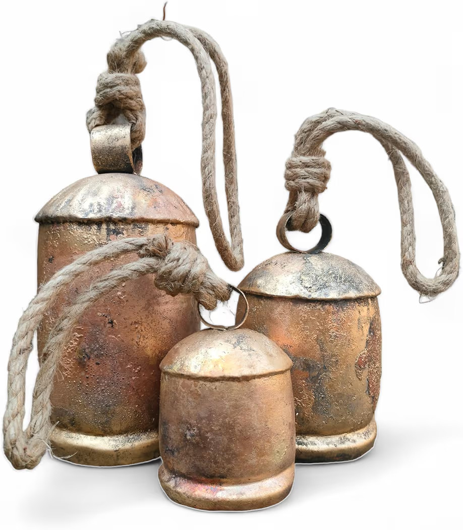 Set of 3 Metal Christmas Bells for Decoration Rustic Brass Gold Large Bell Cow Hanging | Amazon (US)