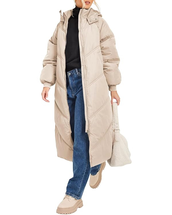 Fazortev Women's Long Winter Puffer Coat Maxi Quilted Jackets Warm Padded Coat Hooded Over Knee O... | Amazon (US)