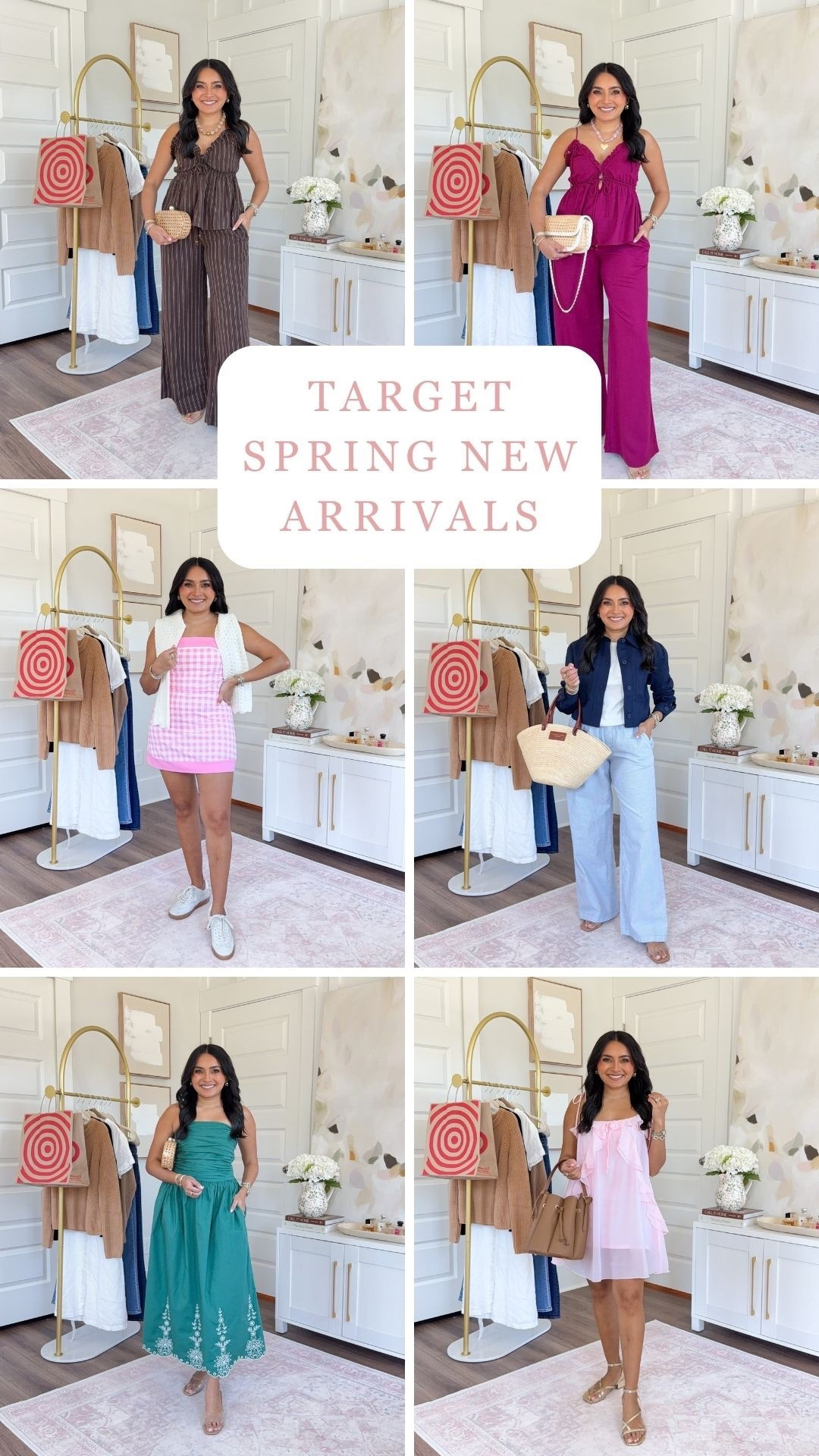 Target new arrivals! 
For reference: I’m 5’0, petite, 32b bra size, and 2/26 in bottoms, pear shaped. *Everything I share is unaltered! TTS means true to size. Between size 5–6.5 in shoes

Brown striped Linen pull on pants xs TTS
Brown striped  Linen tank xs TTS
Clear heels size 5 TTS

Pink Berry Red Linen pull on pants xs TTS
Pink Berry Red Linen tank xs TTS
Clear heels size 5 TTS

Pink dress xxs TTS 
Gold heels size 5 

White bubble hem tank xs TTS 
Navy crop jacket xs TTS 
Blue stripe pants size xs TTS
Clear heels size 5 TTS

Green dress size xs TTS
Clear heels size 5 TTS

Pink gingham dress xs TTS 
White cardigan xs TTS 
Sneakers size 6 TTS



petite styling tips
petite outfit ideas
Easter dress women
Vacation beach outfits 
Spring dresses
Spring outfits 2026

#LTKPetite #LTKgrwm #LTKootd