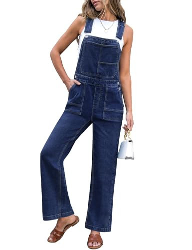 luvamia Straight Wide Leg Denim Overalls for Women Loose Fit Baggy Stretchy Bib Adjustable Strap Casual Denim One Piece Jumpsuit Women Darkness Blue Size Large US Size 12-14 | Amazon (US)