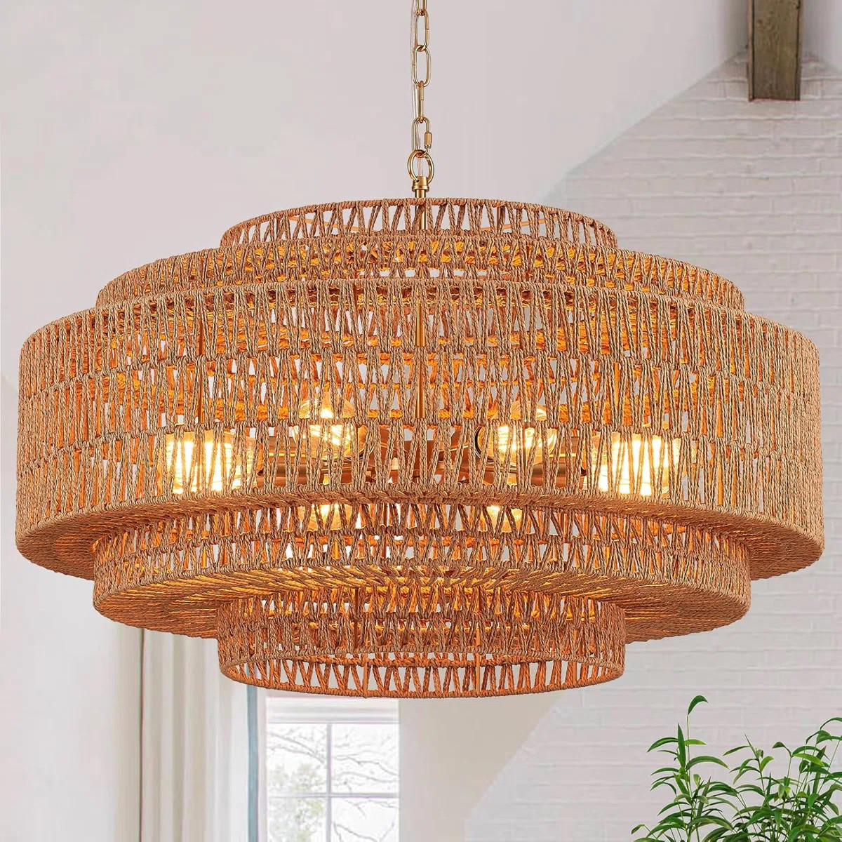 31.5" Large Rattan Chandelier 8-Light Hand-Woven Boho Bamboo Drum Chandelier Farmhouse Vintage Li... | Wayfair North America