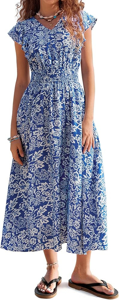 Women's 2026 Summer Floral Maxi Dress Flowy Boho Beach Vacation Sundress | Amazon (US)