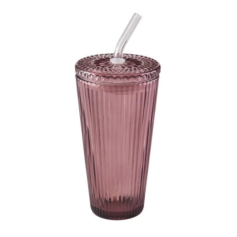 Better Homes & Gardens 21 oz Purple Ribbed Tumbler with Glass Lid and Straw | Walmart (US)