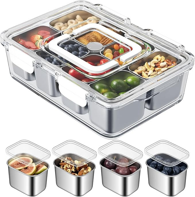 Snackle Box Container, Stainless Steel Divided Serving Tray with Lid and Handle, 8 Compartment Po... | Amazon (US)