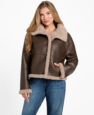 GUESS Women's Stand-Collar Faux-Shearling Coat - Macy's | Macy's