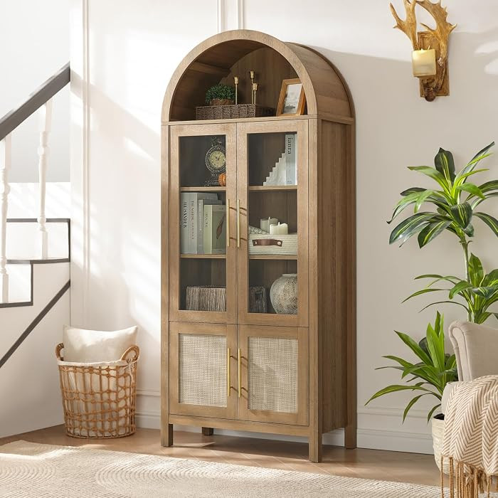 71" Tall Arched Display Cabinet with Glass Doors, 5-Tier Bookshelf | Amazon (US)