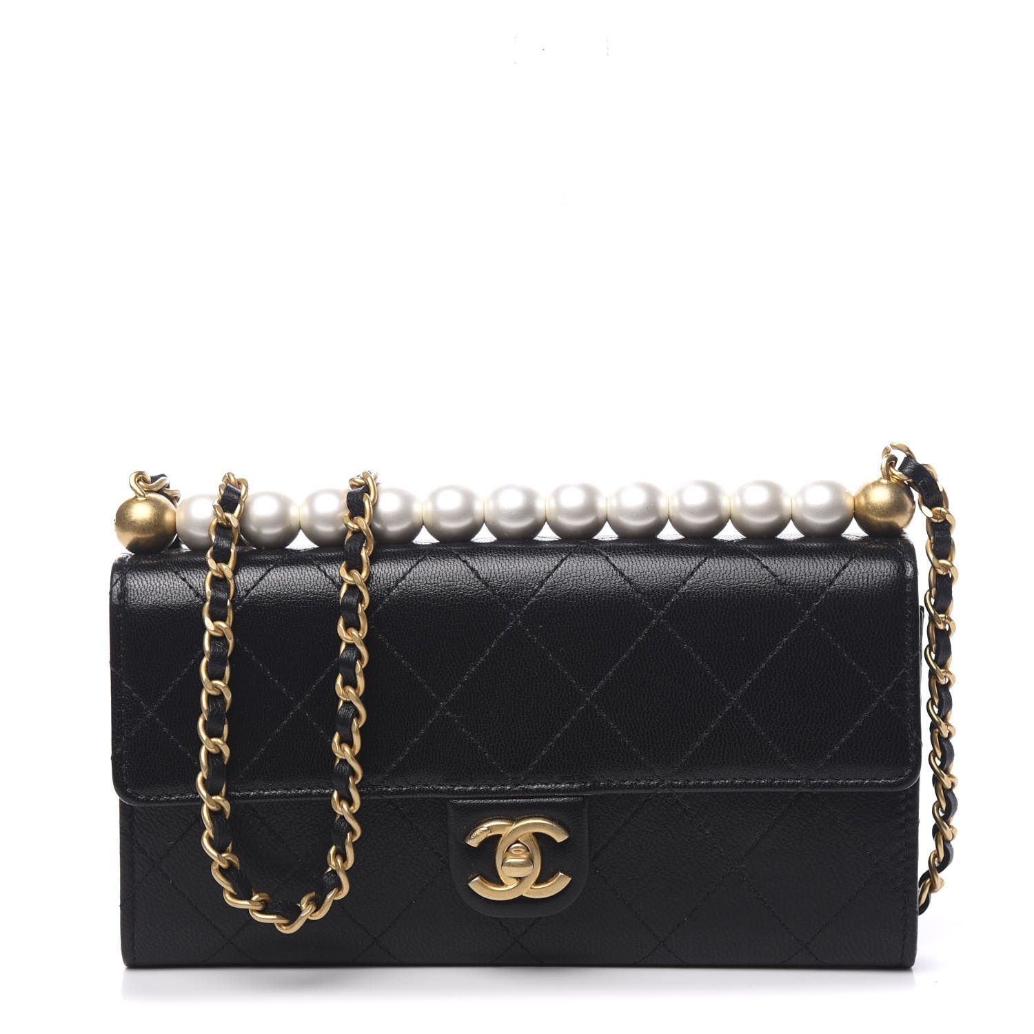 Goatskin Quilted Chic Pearls Clutch With Chain Black | Fashionphile