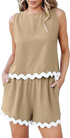 AOVDE Womens Two Piece Outfits - Sleeveless Crew Neck Tank Crop Tops Shorts Summer Sets Business ... | Amazon (US)