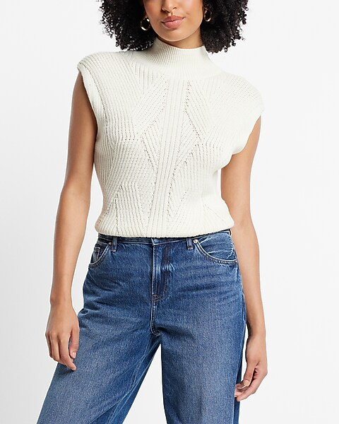 Ribbed Mock Neck Cap Sleeve Sweater | Express
