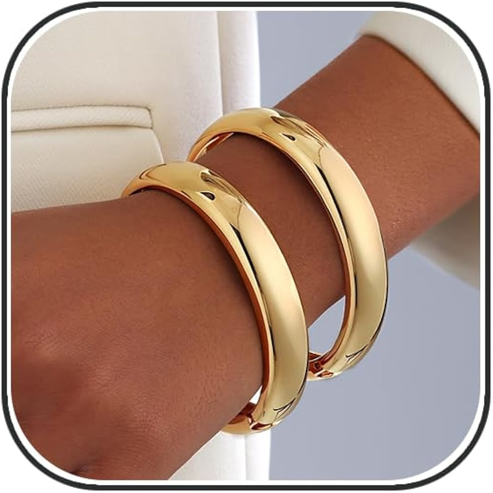 2pcs Gold Bangle Bracelets for Women, Trendy Hinged Cuff Open Wide Chunky Gold Bracelet Stack Arm... | Amazon (US)