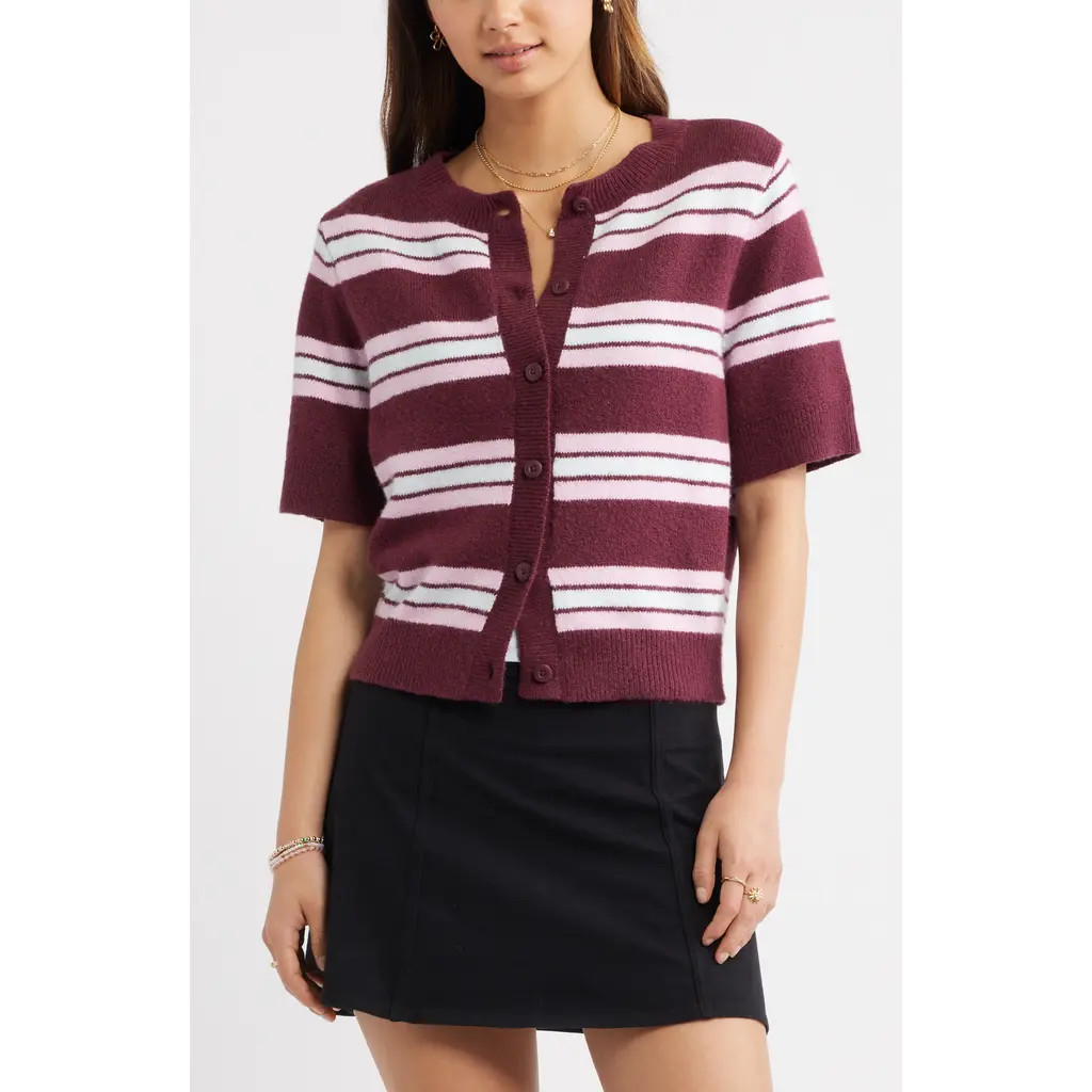 BP. Short Sleeve Cardigan in Burgundy Tannin Stripe at Nordstrom, Size Small | Nordstrom
