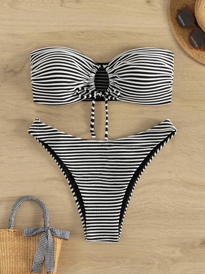 SHEIN Swim Summer Beach Women's Striped Hollow Out Two Pieces Bikini Set | SHEIN