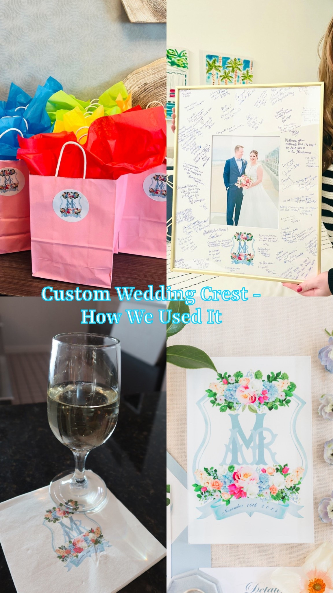 How we used our custom wedding crest 🩵 the possibilities are endless for your wedding day! Pictures: wedding welcome bag stickers, custom photo mat guest book frame, custom cocktail napkins, and an acrylic block for detail photos! 

#LTKWedding