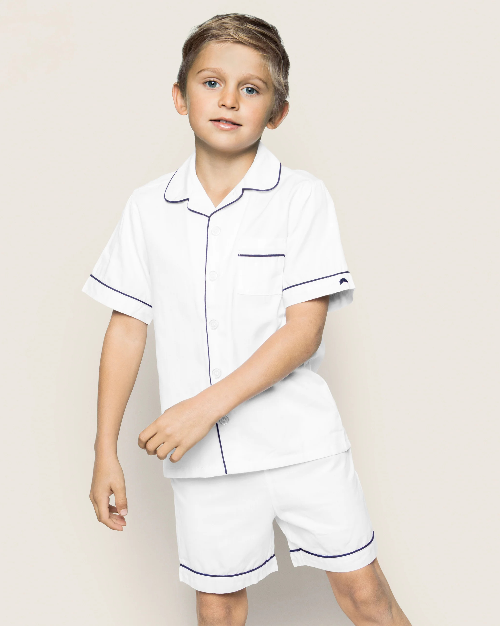 Kid's Twill Pajama Short Set in White with Navy Piping | Petite Plume