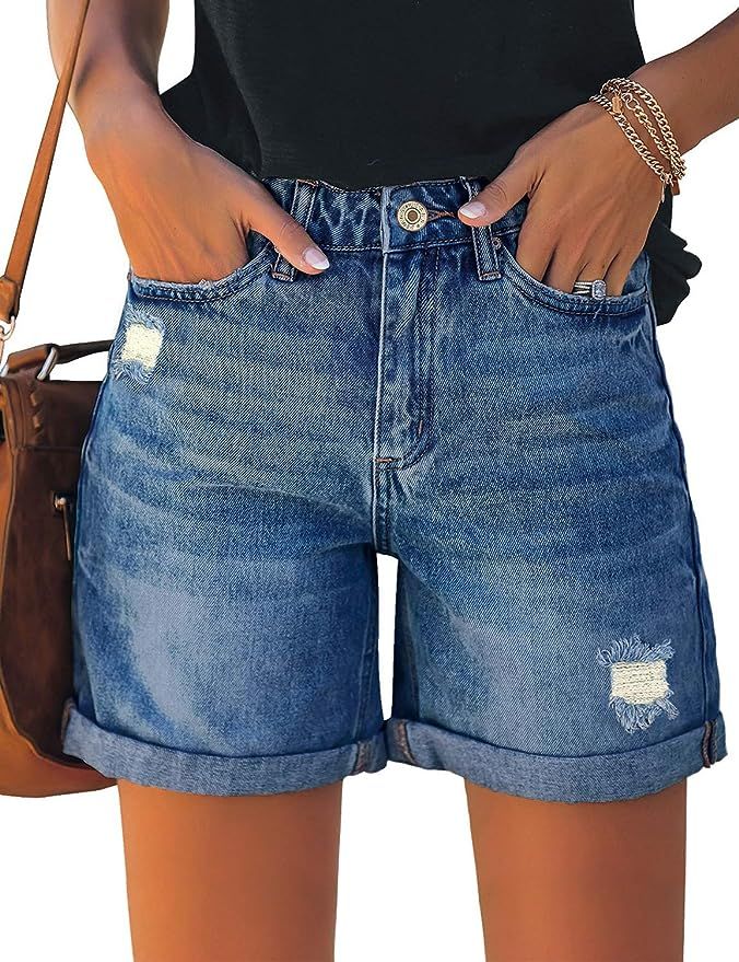 luvamia Women's Casual Ripped Denim Shorts High Rise Distressed Rolled Hem Jeans Shorts | Amazon (US)