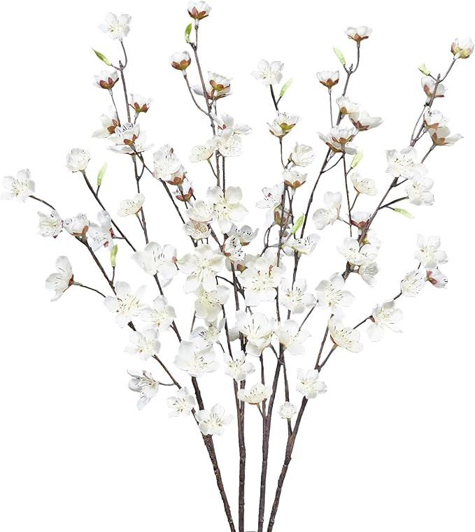 4pcs Artificial Cherry Blossom Flowers 28‘’ Tall Silk Cherry Blossom Branches Faux White Peac... | Amazon (US)