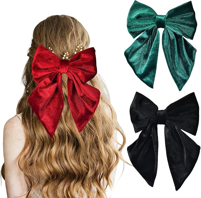 3 Pcs Christmas Velvet Fable Hair Bows, Velvet Large Hair Bow, Red Velvets Hair Bows, Long Tail B... | Amazon (US)