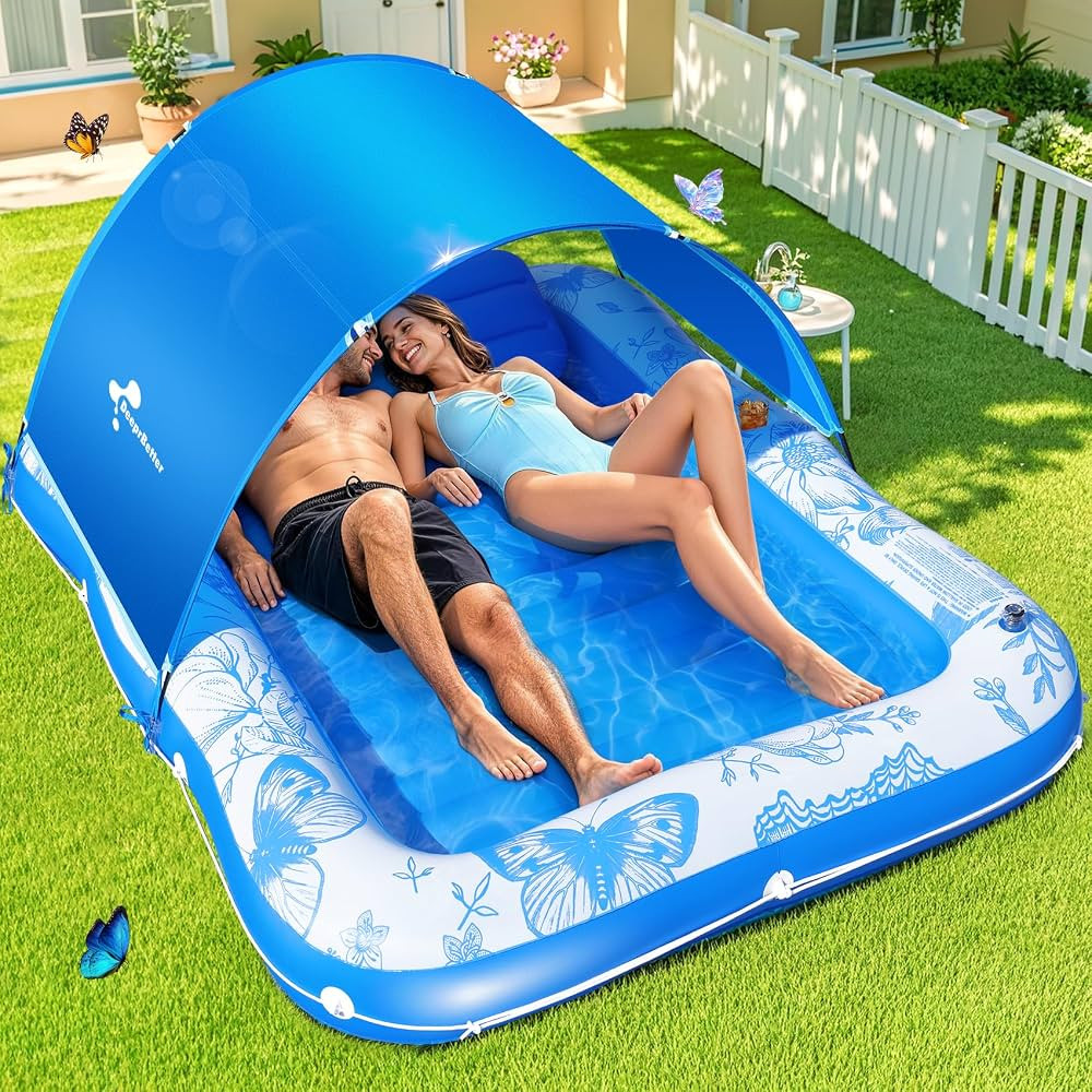 Inflatable Tanning Pool Lounger with Canopy,81"x 60" Large Tanning Floats for Adults, Butterfly P... | Amazon (US)