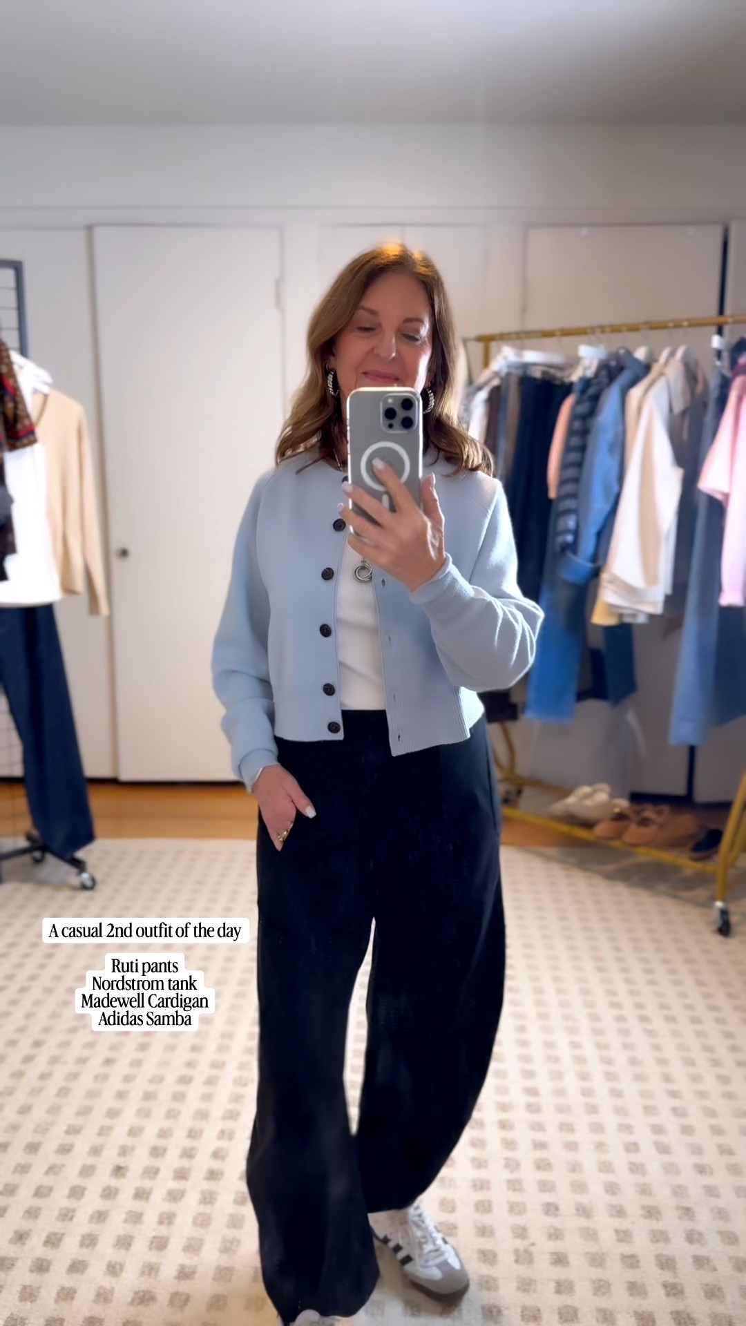 At the end of the day, this is my 2nd outfit. 

Ruti - on-the-loose work pants.  Love this style, and they are very comfortable. 
On Sale. They run tts.  I'm
Wearing a regular size 2. 

Nordstrom tank - runs tts.  I've bought a small one, but I will exchange it for an XS. 

Madewell Cardigan fits tts. I'm wearing a size XS. 

Adidas shoes run big; size down 1/2 size. 
On Sale

#LTKSeasonal #LTKOver40 #LTKootd