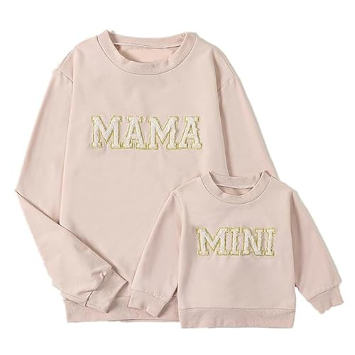 OUEINANEG Mommy and Me Matching Outfits Letter Print Long Sleeve Crewneck Pullover Tops Christmas Outfits Mama Sweatshirt (Mom, Style2-Apricot, S) | Amazon (US)