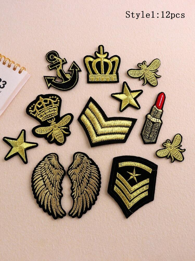 12pcs/21pcs/27pcs Set Gold Wing Star Crown Embroidered Iron-On Patches, Suitable For DIY Clothing And Accessories - Hats, Jeans, Jackets Etc. Unique Cute Cartoon Embroidered Applique Patches | SHEIN