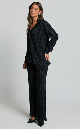Beca Pants - High Waisted Plisse Flared Pants in Black | Showpo (US, UK & Europe)