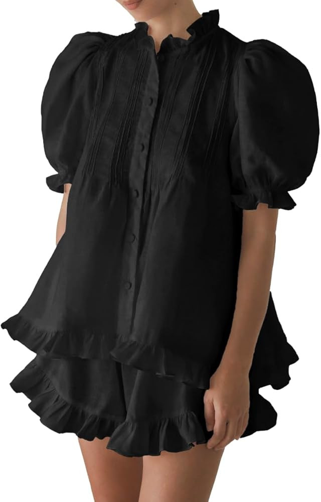 Women Ruffle 2 Piece Sets Fashion Puff Sleeve Button Down Shirts and Shorts Cotton Pajamas Sets | Amazon (US)